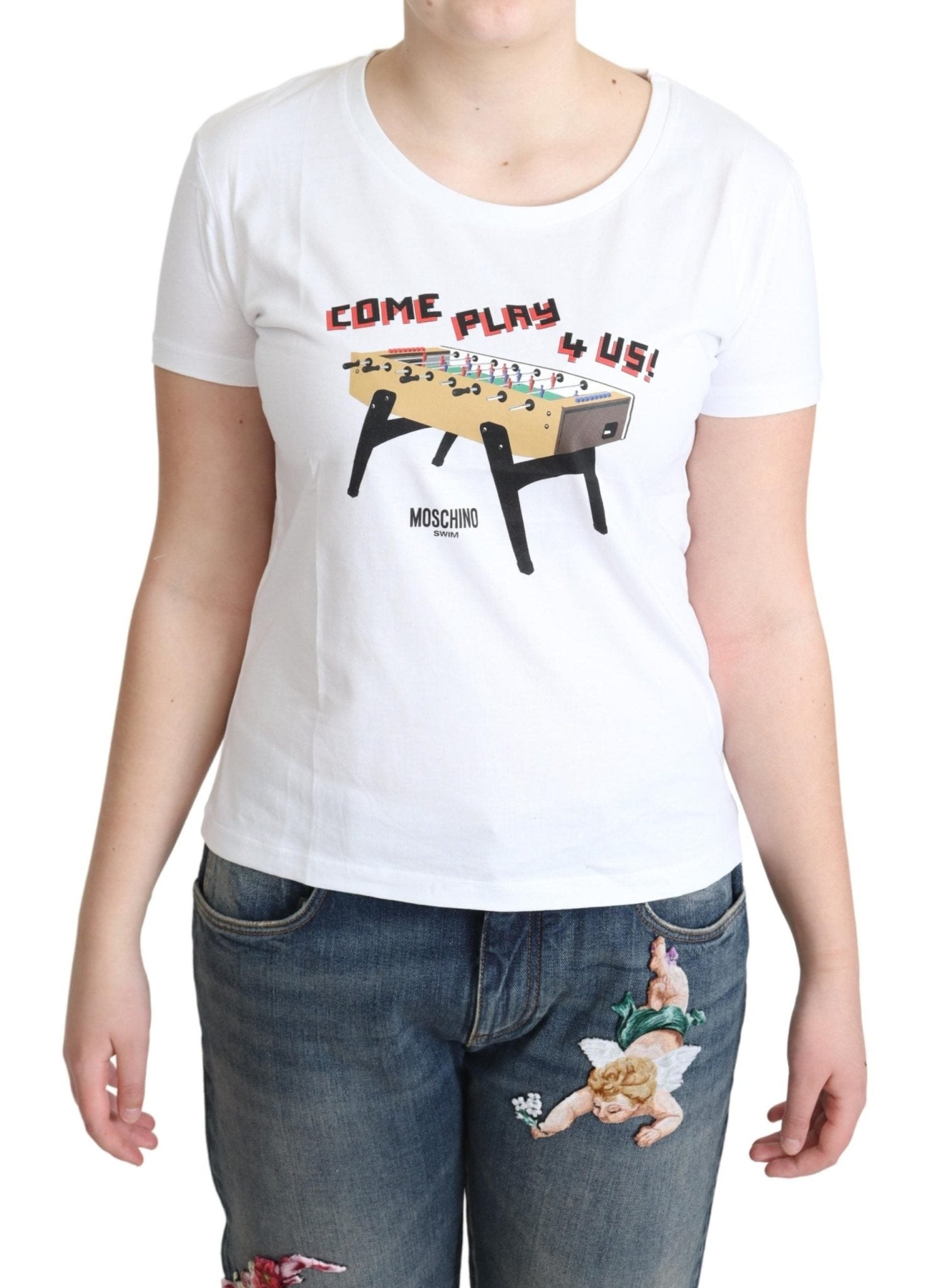 Moschino White Cotton Come Play 4 Us Print Tops T-shirt - Fizigo