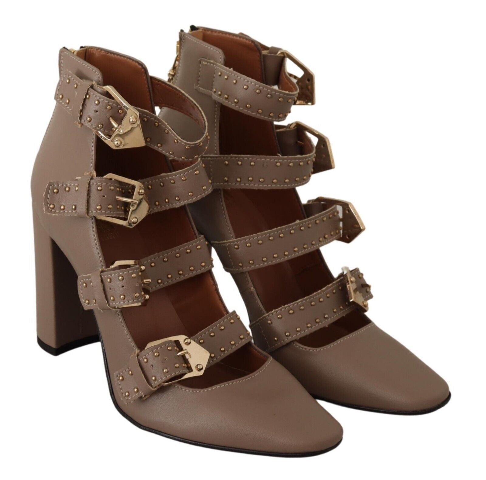 MY TWIN Brown Leather Block Heels Multi Buckle Pumps Shoes - Fizigo