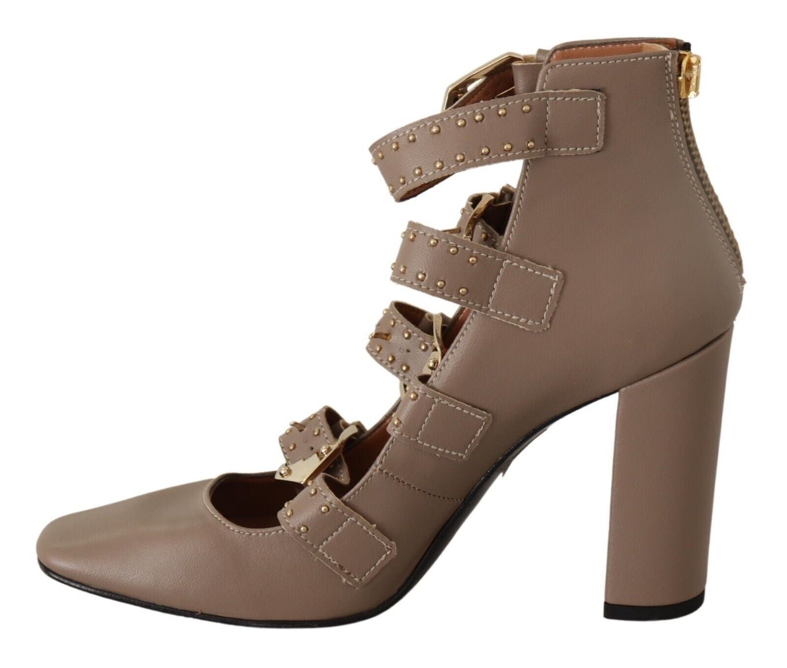 MY TWIN Brown Leather Block Heels Multi Buckle Pumps Shoes - Fizigo