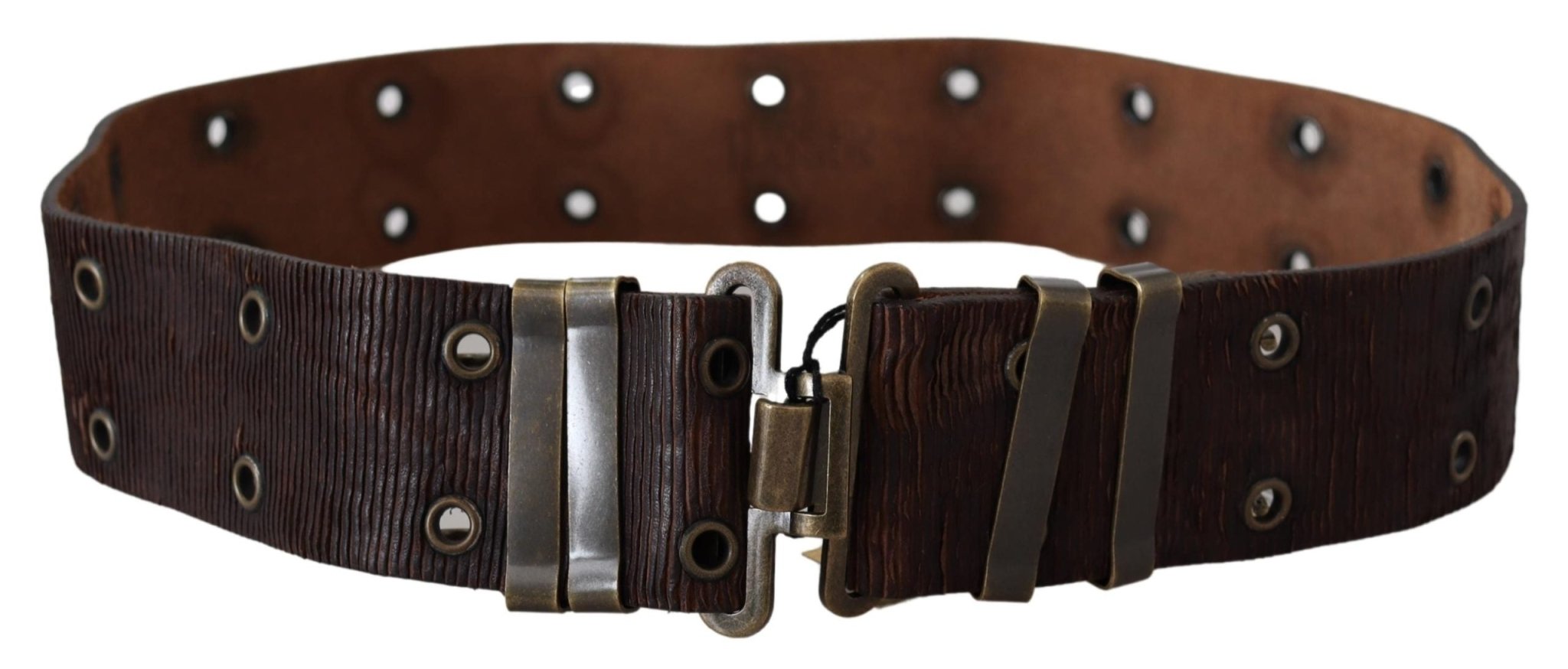 PLEIN SUD Brown Carving Effect Leather Bronze Metal Belt - Fizigo