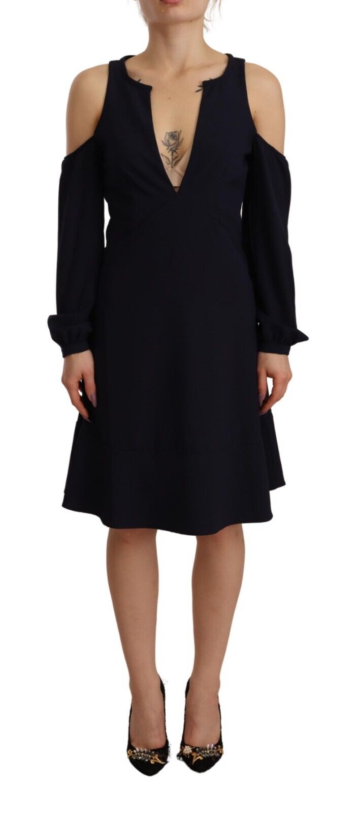 Twinset Black Long Sleeves Open Shoulder A-line Dress - Fizigo